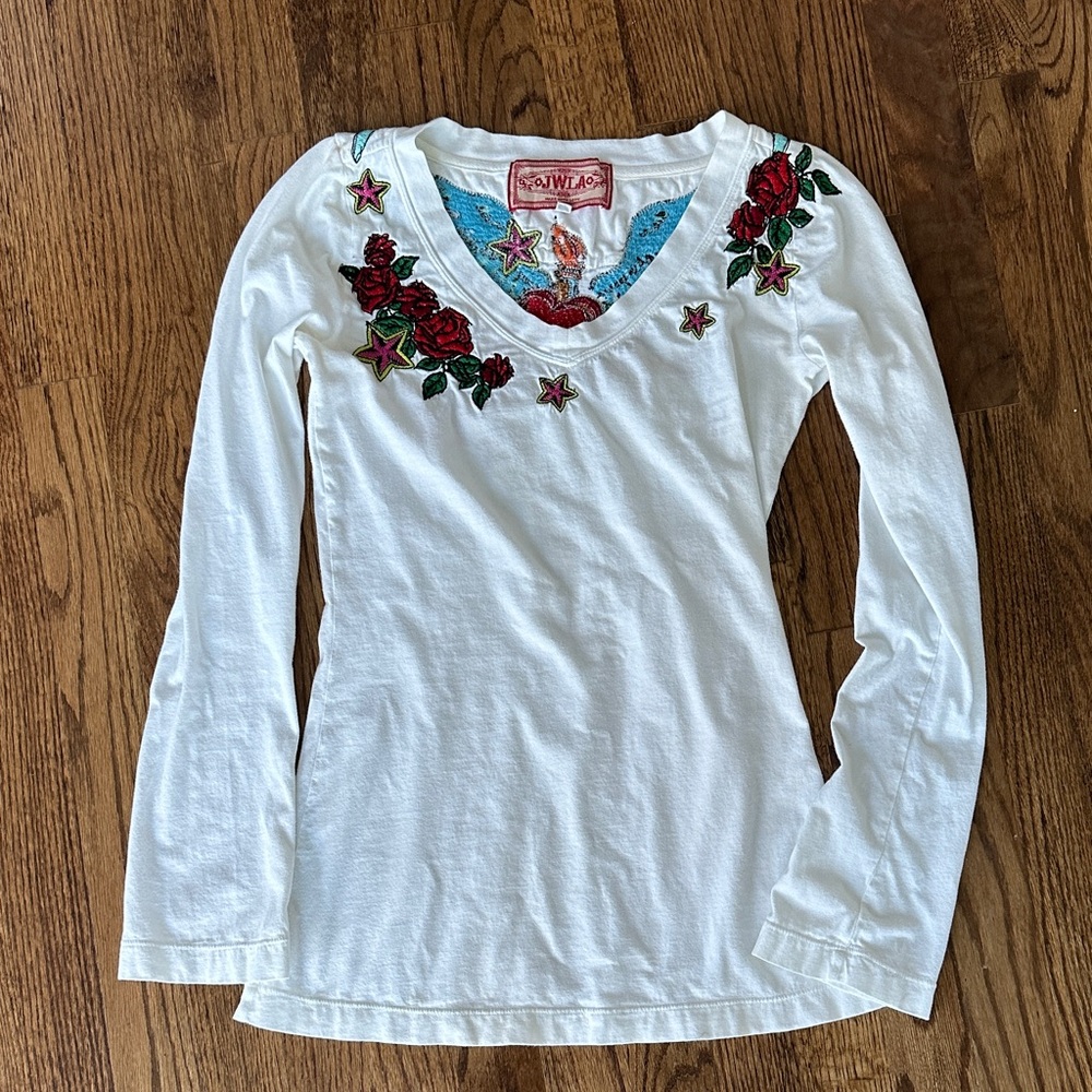White Long Sleeve Top with Floral Embroidery